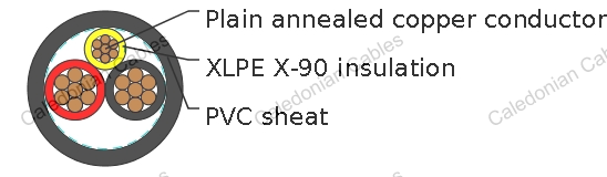 XLPE Insulated, PVC Sheathed 2 core+E Unarmored Cables, 0.6/1kV